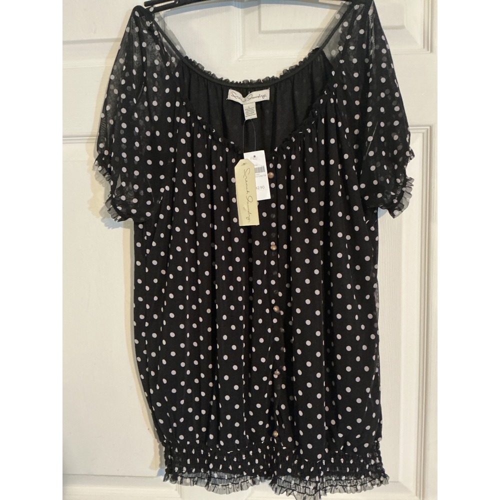 French Laundry Polka Dot Peasant Top Black White Smocked Hem NWT L